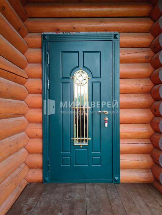 Бирюзовая входная дверь с ковкой и стеклом - фото